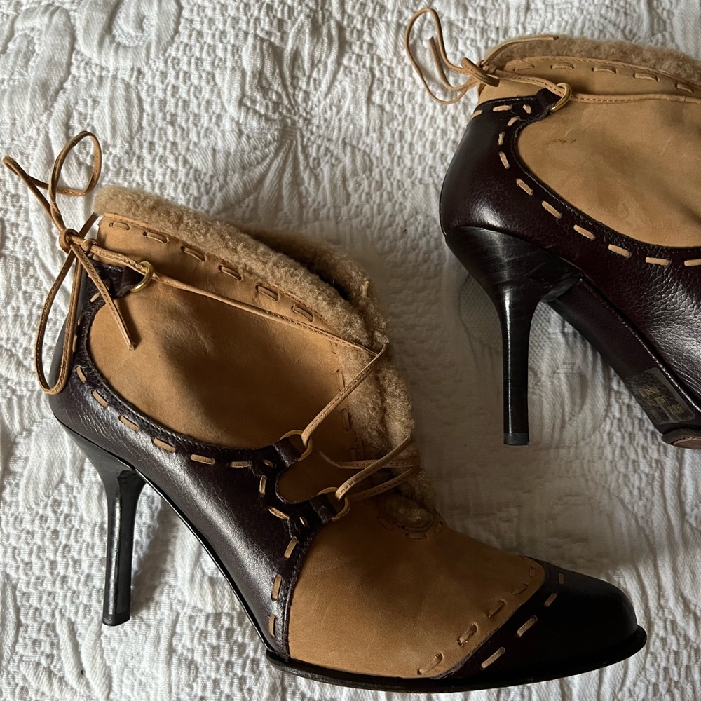 Michelle K Brown and Tan Heeled Boots with Lace-Up Design